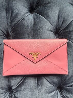 Prada Pink Saffiano Envelope Clutch/wallet with Gold Logo